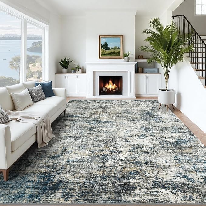 9x12 Washable Area Rug for Living Room: Modern Abstract Rugs Soft Non-Slip Low-Pile Indoor Floor Carpet for Bedroom, Dining Room, Nursery (BlueGreyBrown, 9'x12')