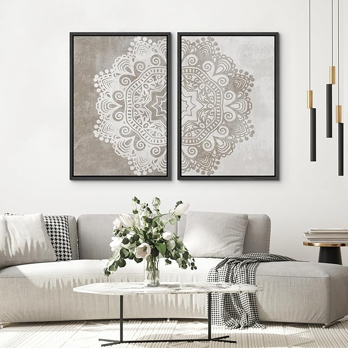 SIGNWIN Framed Canvas Print Wall Art Set Duotone Cultural Indian Mandala Pattern Abstract Shapes Illustrations Modern Art Minimal Boho Relax/Calm for Living Room, Bedroom, Office - 16"x24"x2 Black