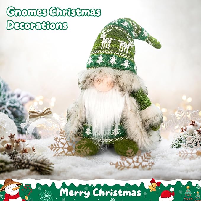 Gnome Christmas Decorations - Plush Nordic Figurine with Green Reindeer Knit Hat & Faux Fur Cloak, Rustic Tabletop Holiday Gnome Decor for Mantel, Shelf, or Gift Idea