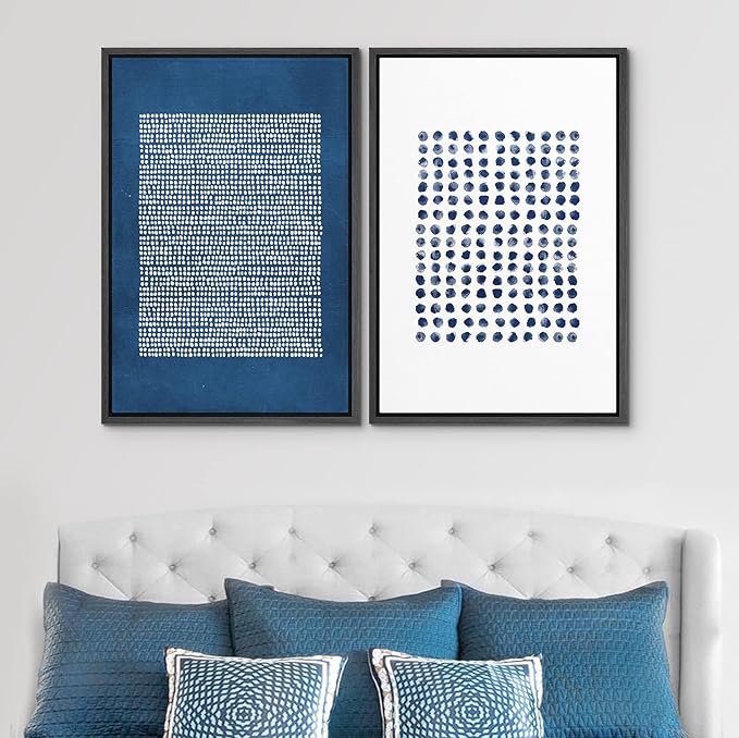 SIGNWIN Framed Canvas Print Wall Art Set Navy Blue White Geometric Dot Collage Abstract Shape Illustration Modern Art Decorative Nordic Multicolor for Living Room, Bedroom, Office - 24"x36"x2 Black