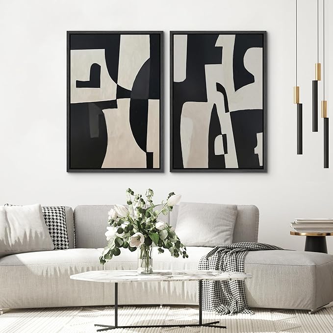 SIGNWIN Framed Canvas Print Wall Art Set Black and Beige Abstract Geometric Modern Bold Minimalist Illustrations Minimal Decorative Zen Bohemian for Living Room, Bedroom, Office - 24"x36"x2 Black