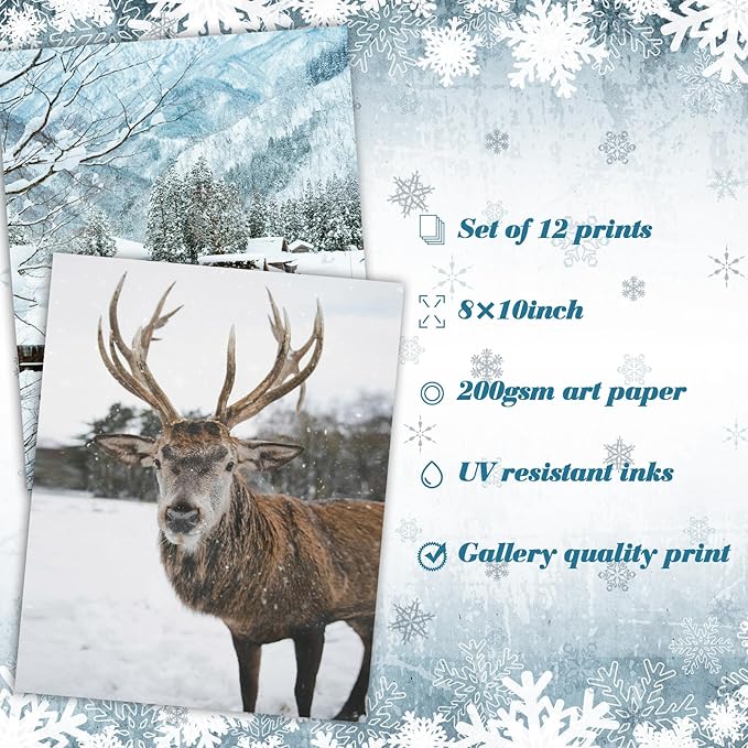 Watersay 8x10in 12pcs Winter Wall Decor Prints Christmas prints unframed Poster Art Cozy Snow Forest Frost Pictures Poster Xmas Tree Deer Mountain House Photo for Gallery Wall Home Nordic Decor
