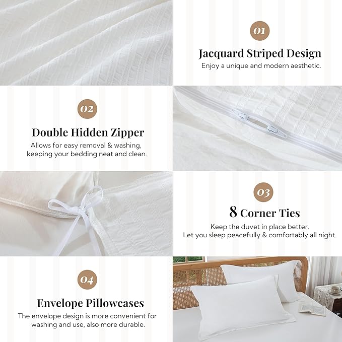 MILDLY White Boho Duvet Cover Set - 100% Washed Cotton Jacquard Stripe Textured Comforter Cover with Zipper Closure 68"x90"