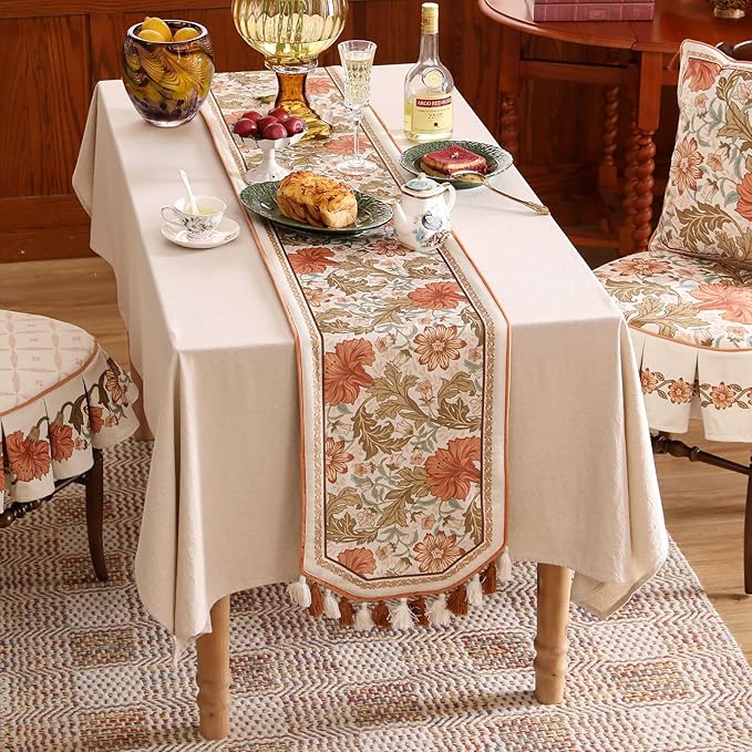 Velvet Fabric Cloth Runner for Table,Rustic Orange Floral 63 Inches Long Table Runners,Decoration Tabletop for Kitchen,Dining Room,Banquet,Thanksgiving,New Year,Holiday,12"*63"
