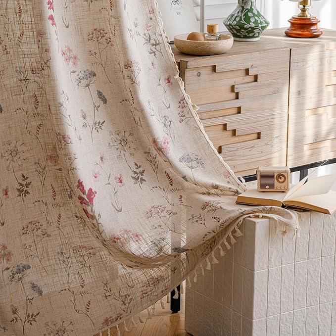 OYX Floral Curtains 2 Panels 52x96 Inches, Boho Tassel Semi-Sheer Light Filtering, Rod Pocket Farmhouse Window Drapes for Bedroom Living Room Dining Room, Bohemian Aesthetic Decor