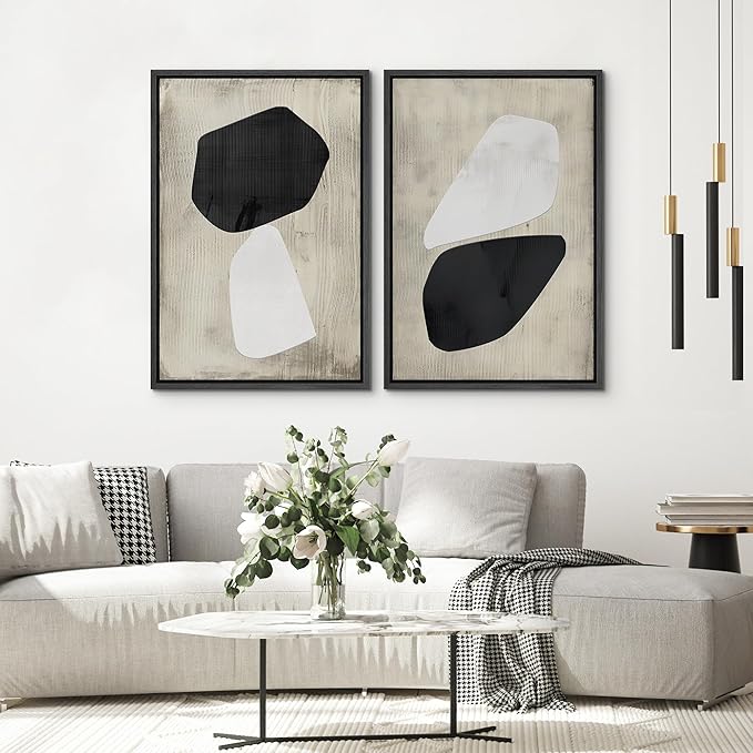 SIGNWIN Framed Canvas Print Wall Art Set Mid-Century Grunge Duotone Polygons Abstract Shapes Illustrations Minimal Decorative Nordic Zen Bohemian for Living Room, Bedroom, Office - 16"x24"x2 Black