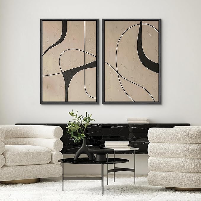 SIGNWIN Framed Canvas Print Wall Art Set Modern Beige and Black Abstract Curve Minimalist Geometric Modern Art Minimal Boho Relax/Calm for Living Room, Bedroom, Office - 24"x36"x2 Black
