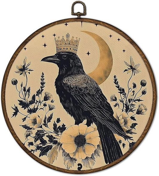 cvjutf Whimsical Gothic Black Raven Wall Art Decor Framed, Witchy Whimsigoth Dark Academia Crowned Crow Round Wall Decor, Vintage Fantasy Unique Canvas Prints Art for Home Bedroom Living Room, 10x10