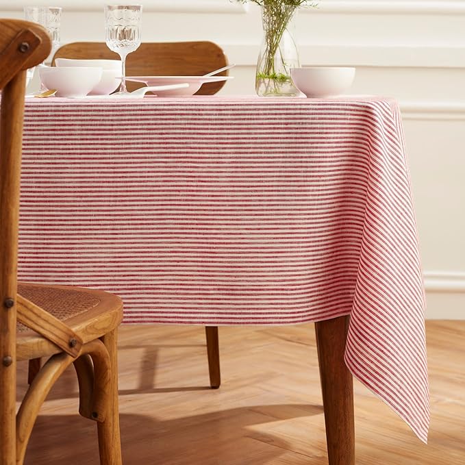 Solino Home Linen Striped Tablecloth 60 x 108 Inch - 100% Pure Linen Red and White Table Cloth for Rectangle Tables - Narrow Stripe, Machine Washable Tablecloth for Christmas, Holiday, Winter