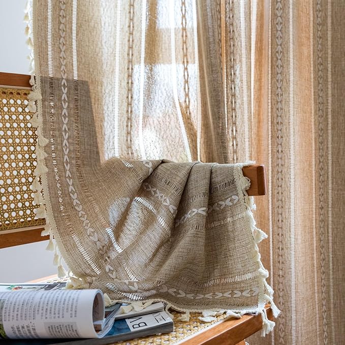 Sutuo Home Boho Curtain for Bedroom Living Room 84 Inches Length, Light Filtering French Country Farmhouse Vintage Chic Tassels Hollow Window Treatment Bohemian Drape, 1 Panel 52" W x 84" L Natural