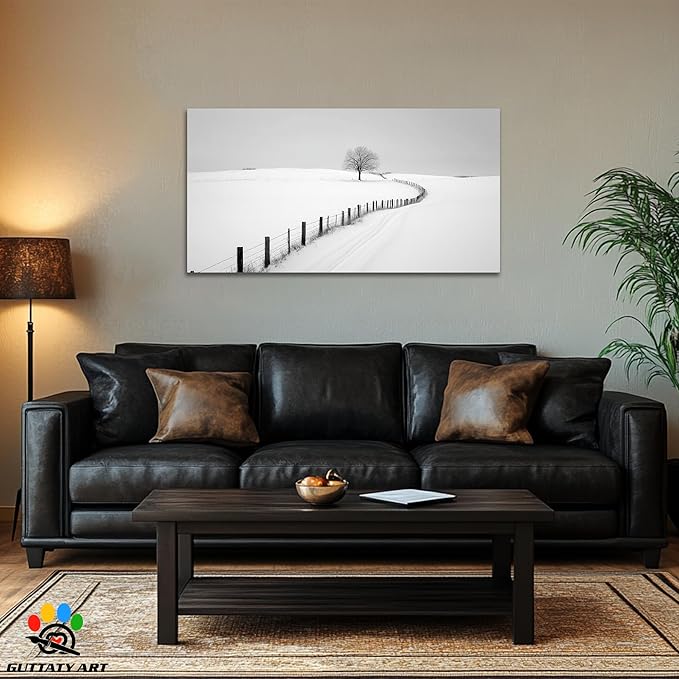 GUTTATY Christmas Winter Scene Canvas Wall Art, Snowy Farm Fence and Tree Pictures, Monochrome Print with Minimalist Artwork Style, Peaceful Posters for Living Room Bedroom Decor, 48x24 Inch