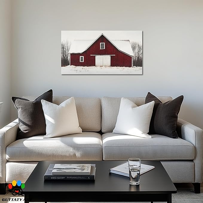 GUTTATY Christmas Winter Scene Canvas Wall Art, Red Barn Snowy Landscape Canvas Painting, Rustic Wall Decor Print for Holiday Living Room, Bedroom, Seasonal Wall Hanging Poster Picture, 40x20 Inch