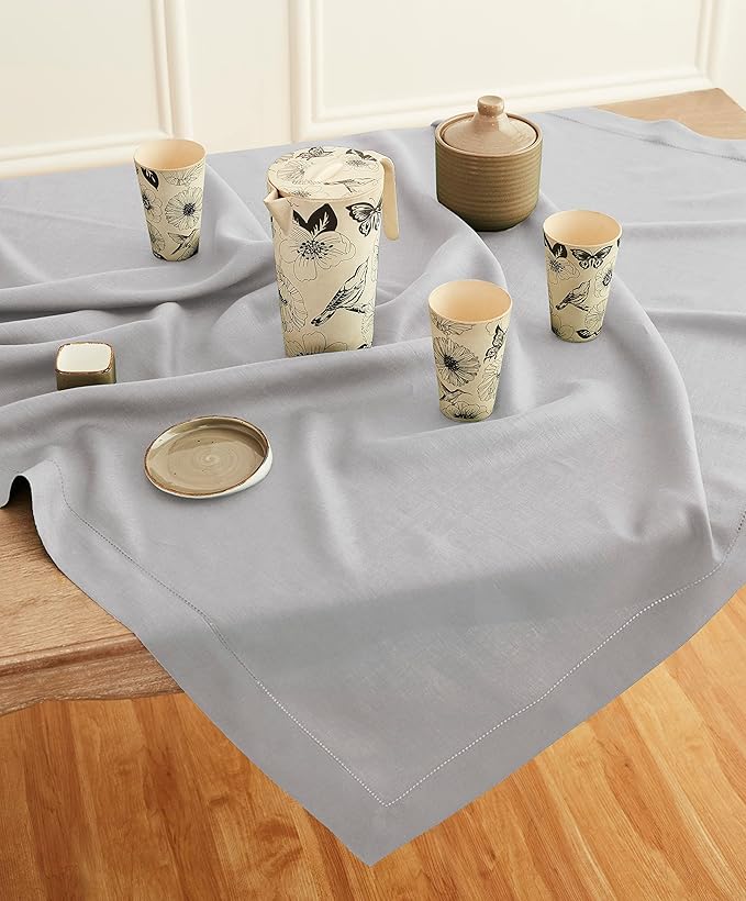 Solino Home Soft Grey Linen Tablecloth 52 x 52 Inch - 100% Pure Linen Square Table Throw - Classic Hemstitch, Machine Washable Table Cloth for Fall, Autumn, Thanksgiving, Christmas, Winter