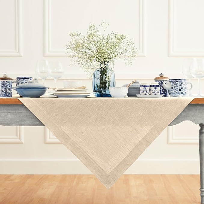 Solino Home Linen Cloth Tablecloth 52 x 52 Inch - 100% Pure Linen Champagne Beige Square Tablecloth - Athena, Machine Washable Table Throw for Fall, Autumn, Thanksgiving, Holiday