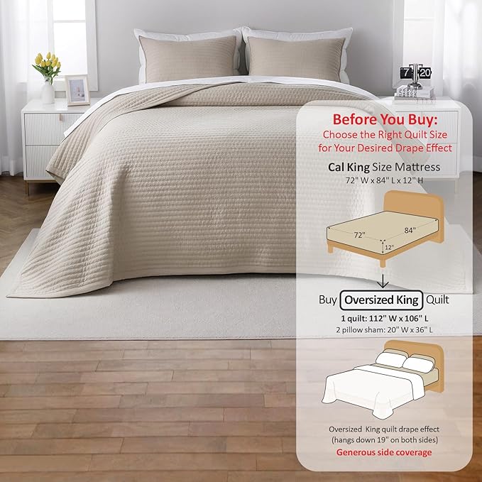 Max Oversized California King Quilt Set – 112"x106"Soft Washed 3-Layer Lightweight Bedspread with Multi-Lock Quilting, Minimalist Nordic Bedding,All-Season Quilt Set (1 Quilt+2 Pillow Shams)Oatmeal