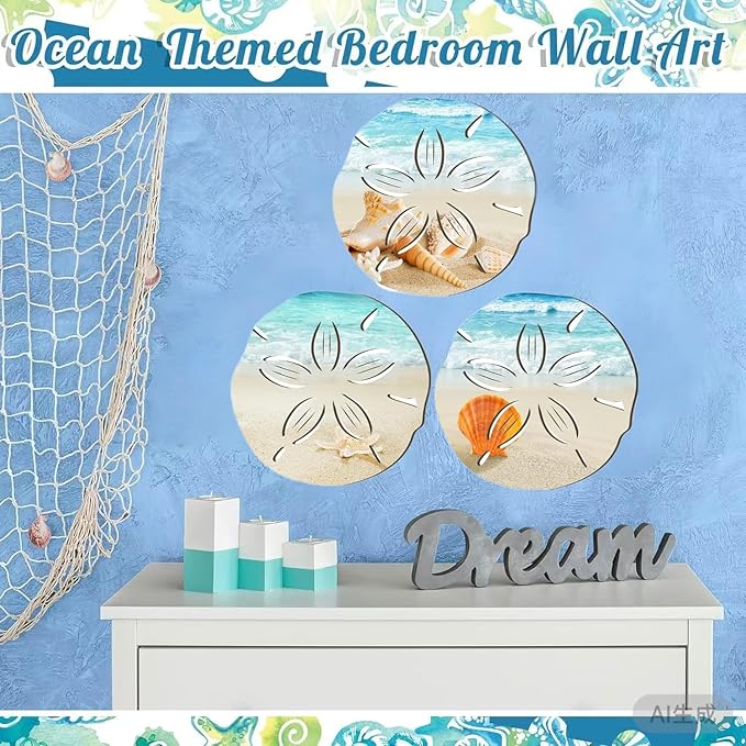 fenghangeng 3 Pcs Coastal Room Beach Decor Wall Art,Sea Shells Starfish Ocean Shower Curtain,Backdrop Ocean View Decorations for Home