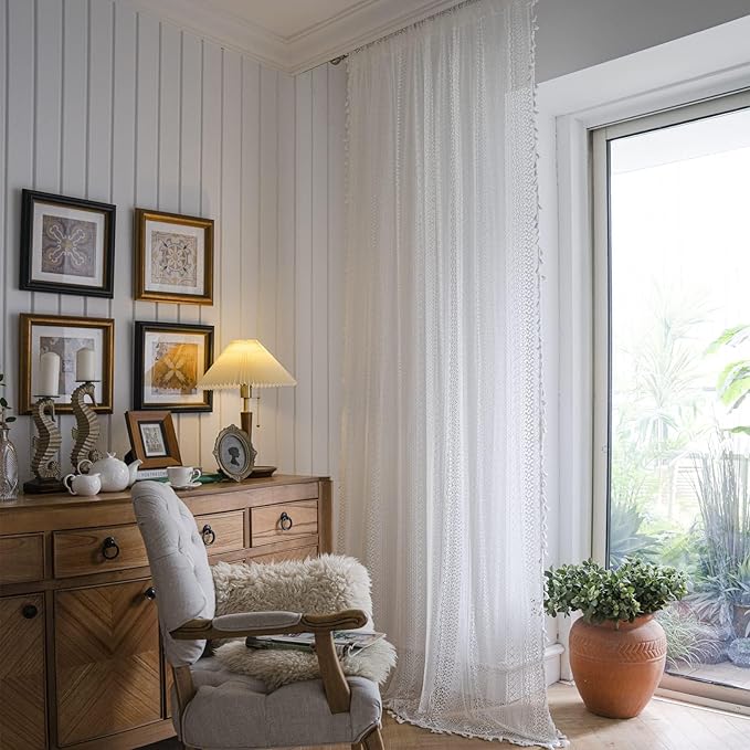 Sutuo Home Boho Curtains Crochet Lace Sheer Bohemian Stylish with Tassels, Window Treatment Privacy Vintage Rustic Farmhouse Drapes for Bedroom, Rod Pocket 1 Panel 59" W x 102" L, White