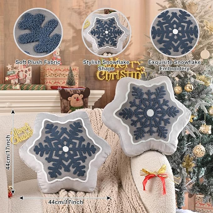 Lanpn Christmas Snowflake Pillows Set of 2, Christmas Decoration Winter Throw Pillows Decorative Throw Cushion for Sofa Living Room Bedroom Xmas Decor (17x17 inch, Grey)