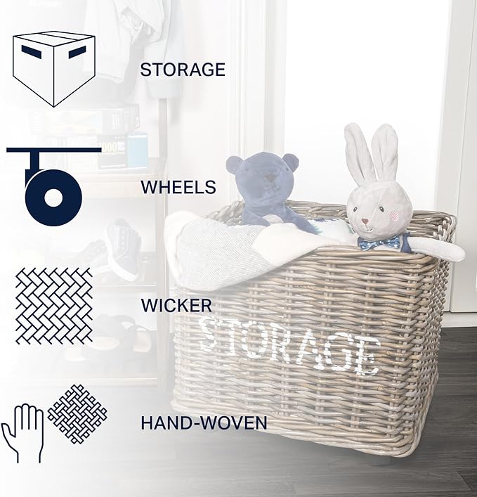 happimess BSK1001A Yael Coastal Hand-Woven "STORAGE" Rattan Basket with Wheels and Handles for Storage and Decoration in Bedroom, Living Room, Laundry Room, Entryway, Kubu Gray