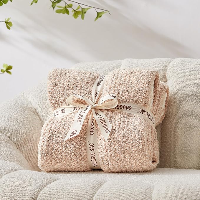 Snuggle Sac Twin Size Beige Blankets for Bed, Super Soft, Warm, Cozy Knit Fuzzy Plush Blankets Oversized for Sofa, Living Room, Heather Beige, 60"x80"