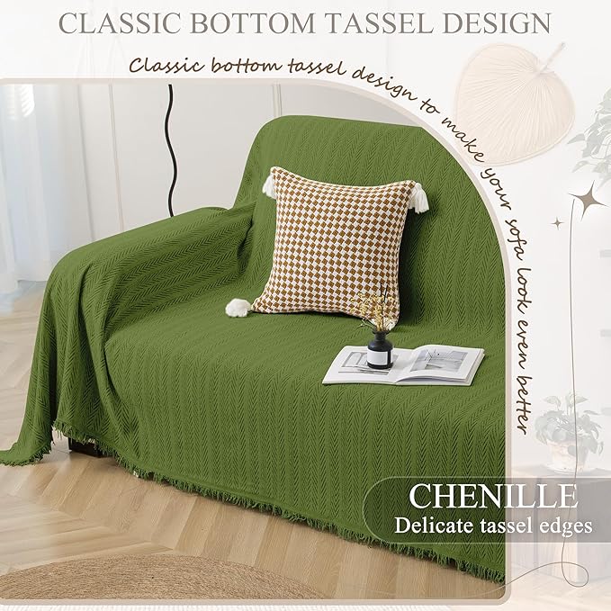 ALIECOM Boho Couch Covers for Sectional Sofa 2 Piece Thick Chenille L Shape Sectional Sofa Cover for Dogs Couch Cover Blanket Sofa Slipcovers Pet Furniture Protector Washable (X-Large, Lines Green)