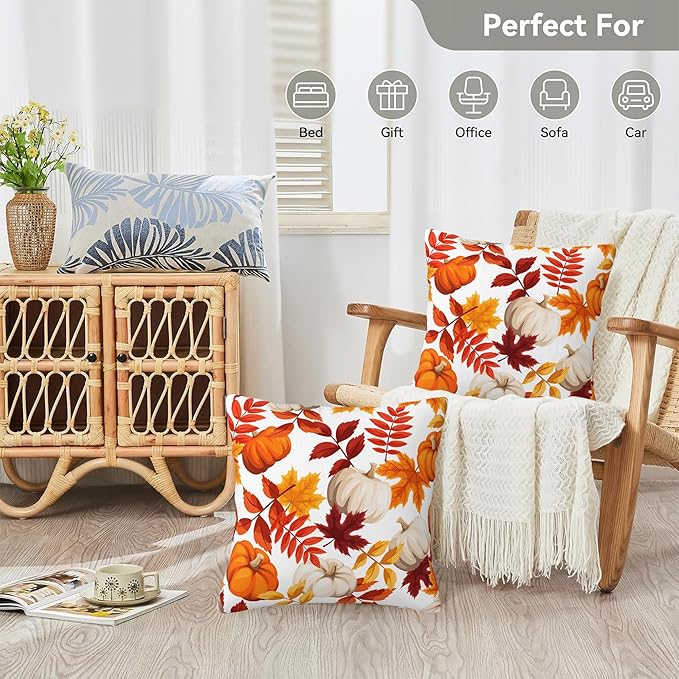 Fall Pillow Covers 18X18 Set of 2, Fall Pumpkins Maple Leaves Decorative Throw Pillow Covers, Autumn Thanksgiving Harvest Pillow Cover Pillowcase Cushion Case for Home Sofa Couch Indoor Outdoor