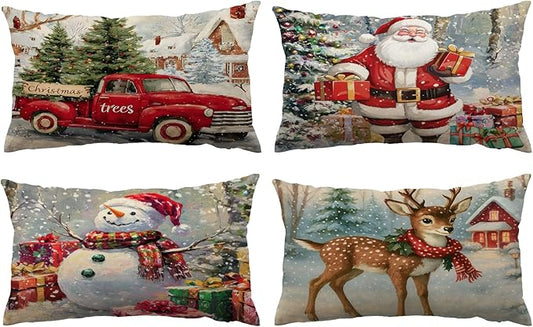 Neatee Living Christmas Pillow Covers 12x20 Set of 4 Farmhouse Xmas Vintage Throw Pillows Christmas Tree Deer Snowman Pillow Cases Outdoor Sofa Couch Cushion Covers for Home Decorations (12 by 20)