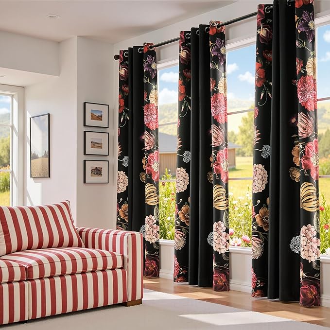 JINCHAN Hannah Floral Blackout Curtains with Retro Vintage Flower Print Drapes for Bedroom Living Room Fall Decor Winter Window Curtains Room Darkening 84 Inches Length 2 Panels Set with Grommet Black