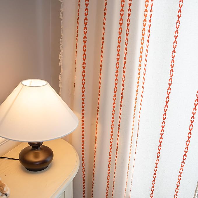 Sutuo Home Boho Curtains 63 inches for Bedroom Living Room, Semi Blackout Embroidery Window Bohemian Tassels Drape for Fall Halloween Decor, Rod Pocket 1 Panel 52" W x 63" L, White and Orange