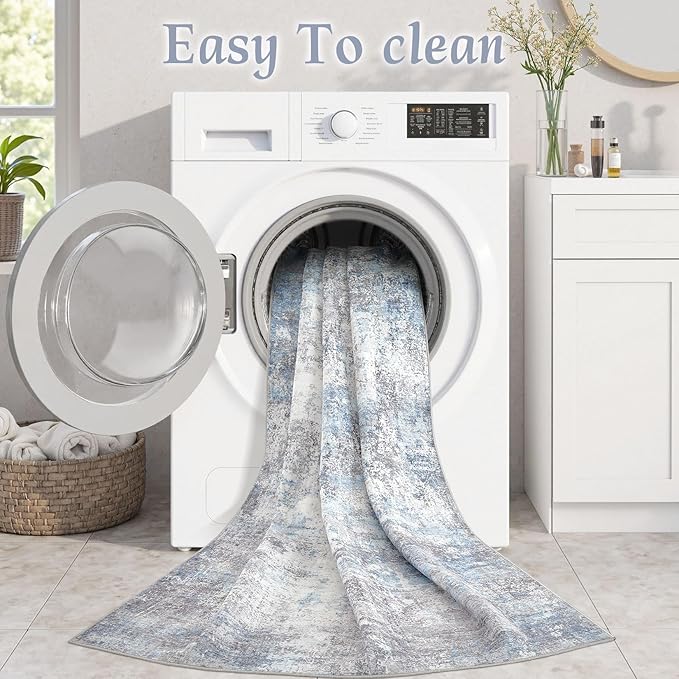 Washable 5X7 Area Rug: Modern Abstract Soft Non-Slip Indoor Rugs Home Decor - Low Pile Stain Resistant Carpet for Living Room Bedroom Dining Room Playroom Office(Blue Grey 5'x7')