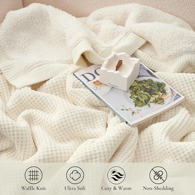 Amélie Home Reversible Waffle Weave Throw Blanket, Chenille Knit with Warm Sherpa, Soft Cozy Blanket for Bed, 60"x80", Ivory