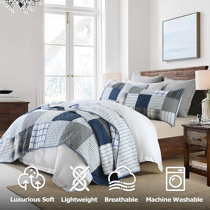 DURLENGEN Blue & Grey Patchwork 100% Cotton King Quilt 3Pcs,Patchwork Blue & Grey Pattern on White,Luxury Lightweight Coverlet Sets for All Season(King 106x96,Blue & Grey Patchwork)