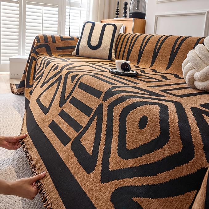 DREAMINGO Boho Couch Cover Washable Chenille Sofa Cover Blanket Brown Black Furniture Protector for Sectional 3 Cushion Couch Reversible Geometric Jacquard Sofa Slipcover, XX-Large 71"x150"