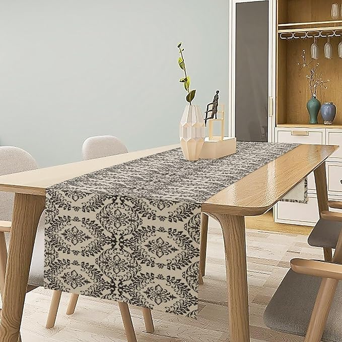 Moroccan Patterned Table Runner Black Beige Geometric Table Runner for Kitchen Dining Party Decor 13x90in
