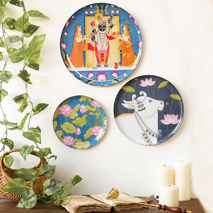 RITUALISTIC Pichwai Iron Wall Art Plates – Set of 3 Decorative Plates | Indian Wall Art for Home Decor | Wall Decor for Living Room & Bedroom | Handcrafted Metal Wall Hanging | Christmas gifts