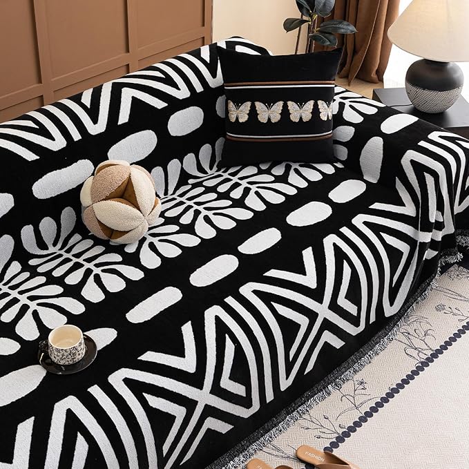 VClife Boho Couch Cover Soft Chenille Sofa Cover for Sofa Bed, 1 Piece XXL Couch Covers for 3 Cushion Couch Sofa Washable White Black Jacquard Pattern Sofa Protector for Living Room 71''x150''