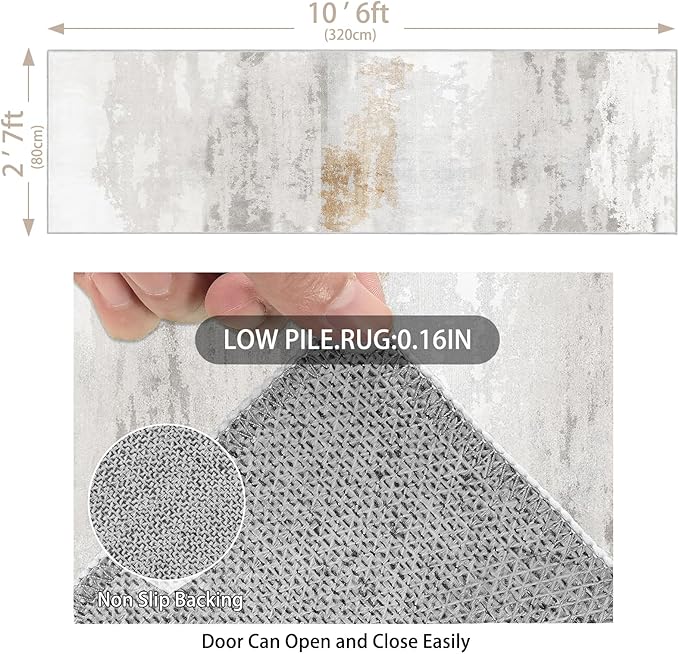 Enkor Runner Rugs for Hallway, 2'7"x10'6" Washable Soft Non Slip Abstract Rugs for Kitchen, Modern Mat for Entryway Living Room Bedroom Brown & Grey