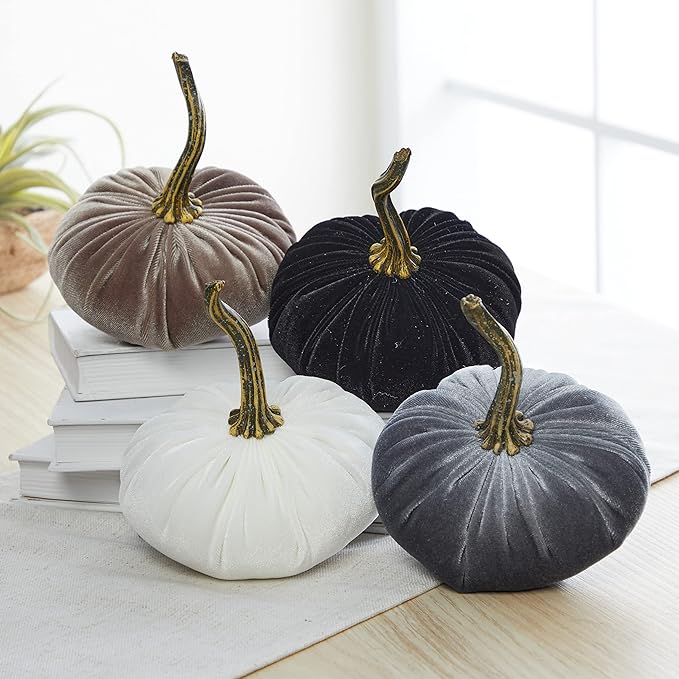 Your Heart's Content Velvet Pumpkin Set of 4, Autumn Accent, Fall Halloween, Thanksgiving tablescape, Tiered Tray Centerpiece Decor (Sm Gray Taupe Ivory Black)