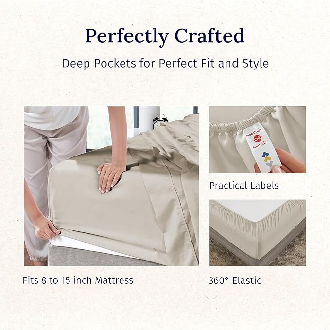 California Design Den Natural 100% Cotton Sheets Twin Size Bed Set - Luxury 600 Thread Count Sateen, Hotel Quality Fully Elasticized Deep Pocket Twin Cotton Sheets, Cool and Durable - Soft Linen