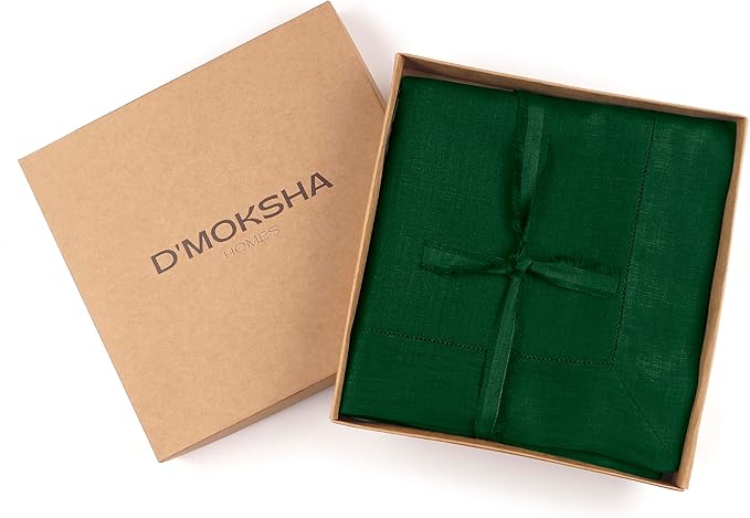 D'Moksha Homes Forest Green Linen Tablecloth for Rectangle Tables 60 x 84 Inch - Classic Hemstitch 100% Pure Linen Green Table Cloth - Machine Washable Dining Tablecloth for Thanksgiving, Christmas