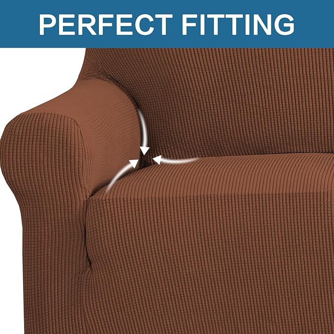 H.VERSAILTEX Stretch Couch Cover Loveseat Covers for 2 Cushion Couch Slipcover|Cover for Loveseat 1 Piece with Elastic Bottom, Checked Jacquard Fabric(58'-70' Wide, Caramel)