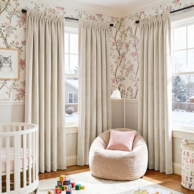 Lazzzy Velvet Blackout Curtains Thermal Insulated Room Window Drapes Super Soft Luxury Curtains for Living Room Bedroom Rod Pocket 2 Panels, Beige, 62" W x 84" L