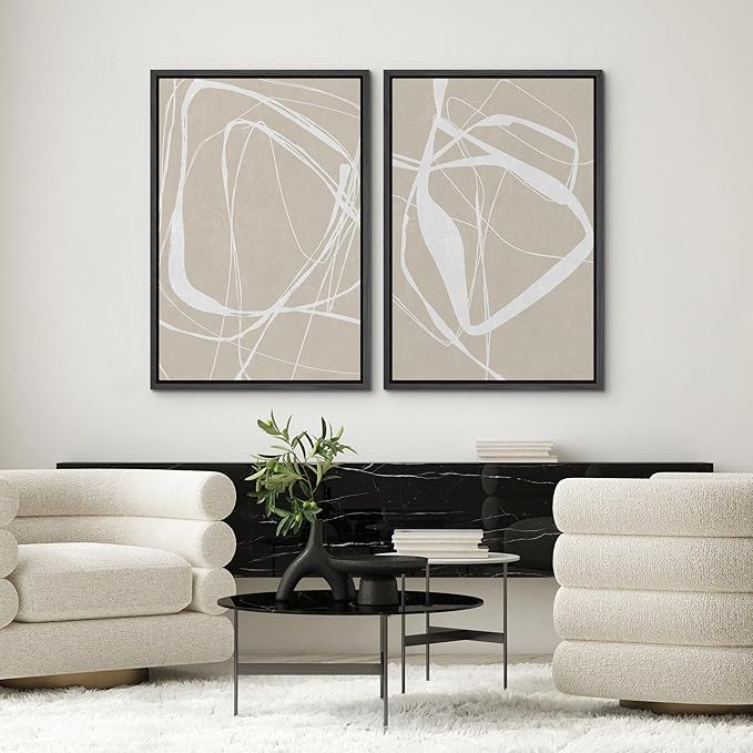 SIGNWIN Framed Canvas Print Wall Art Set Mid-Century Geometric Ring Pattern Abstract Shapes Cozy Neutral Minimalism Decorative Bohemian Relax/Zen for Living Room, Bedroom, Office - 24"x36"x2 Black