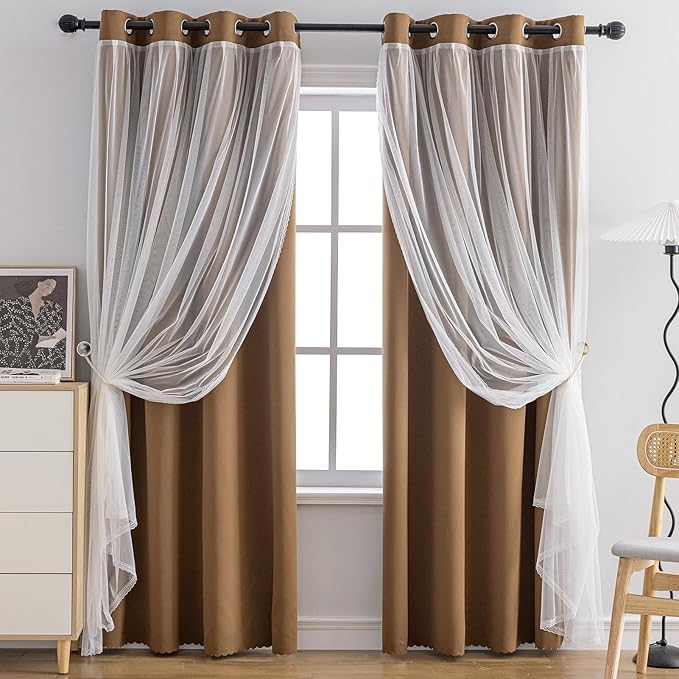 Anytime Home Curtains Blackout and Sheer Layered Solid Window Curtain Panel Pair with Grommet Top, 52Wx95L,Coffee