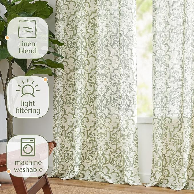jinchan Linen Sage Green Damask Patterned Curtains 108 Inches Long for Living Room & Bedroom, Light Filtering Vintage Baroque Style Drapes with Grommet Window Treatments (2 Panels Set)