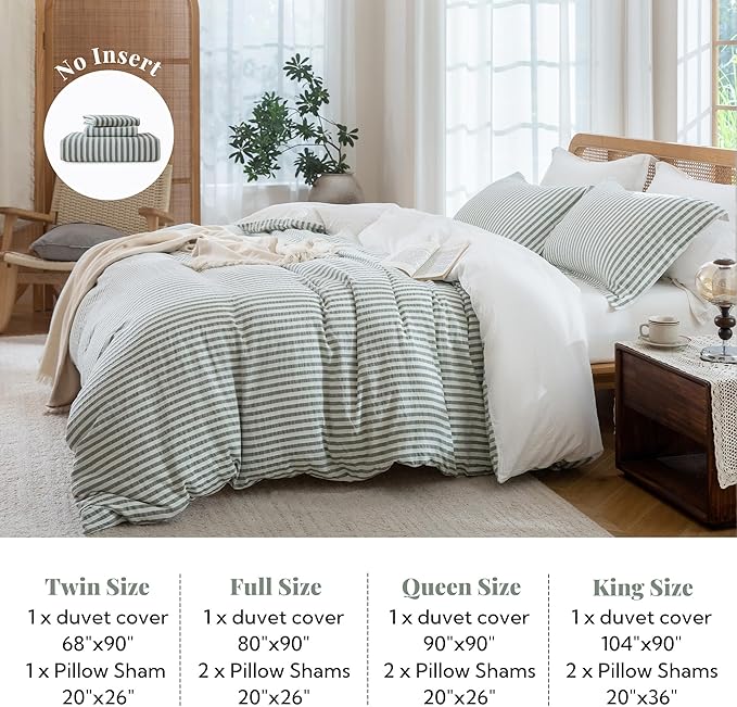 MILDLY Jacquard Stripe Duvet Cover - Sage Green 100% Washed Cotton Boho Textured Comforter Cover 3pcs with Zipper Closure 80"x90"