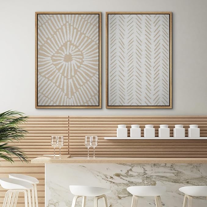 SIGNWIN Framed Canvas Print Wall Art Set Tan White Tropical Geometric Collage Abstract Shapes Cozy Neutral Modern Art Minimal Boho Relax/Calm for Living Room, Bedroom, Office - 24"x36"x2 Natural