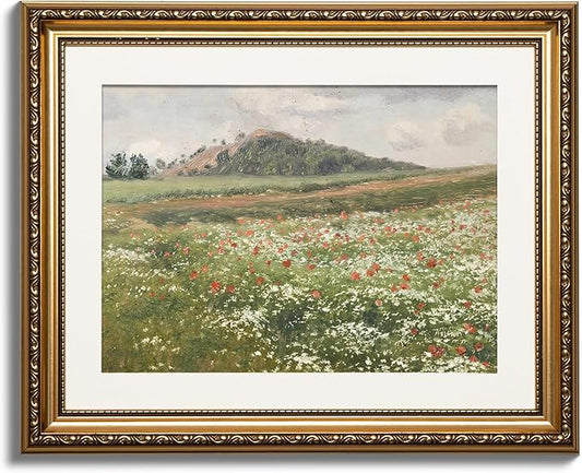 ARPEOTCY Vintage Gold Framed Wall Art, Fields with Wild Poppies Retro Paintings, Canvas Prints Artwork with Antique Frame, Victorian Wall Picture Decor for Gallery Living Room 13x16 inch