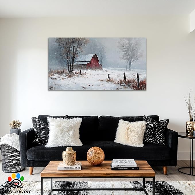 GUTTATY Christmas Winter Scene Canvas Wall Art, Red Barn Farmhouse Snowy Wall Painting, Rustic Poster Artwork, Cozy Seasonal Wall Decor Pictures for Living Room, Bedroom, Office, 60x30 Inch