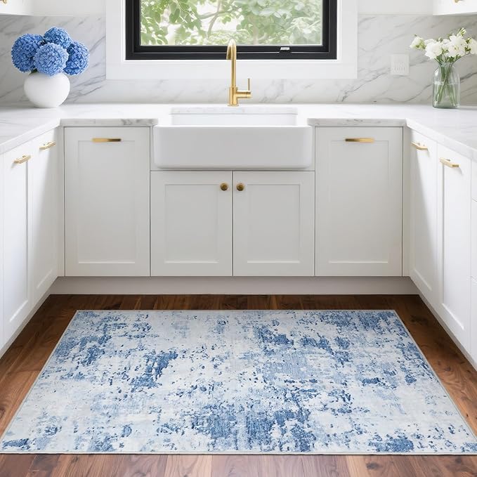 Modern Abstract 2x3 Area Rug Non Slip Non Shedding Low Pile Stain Resistant Rug for Entryway Kitchen Bedroom,Light Blue